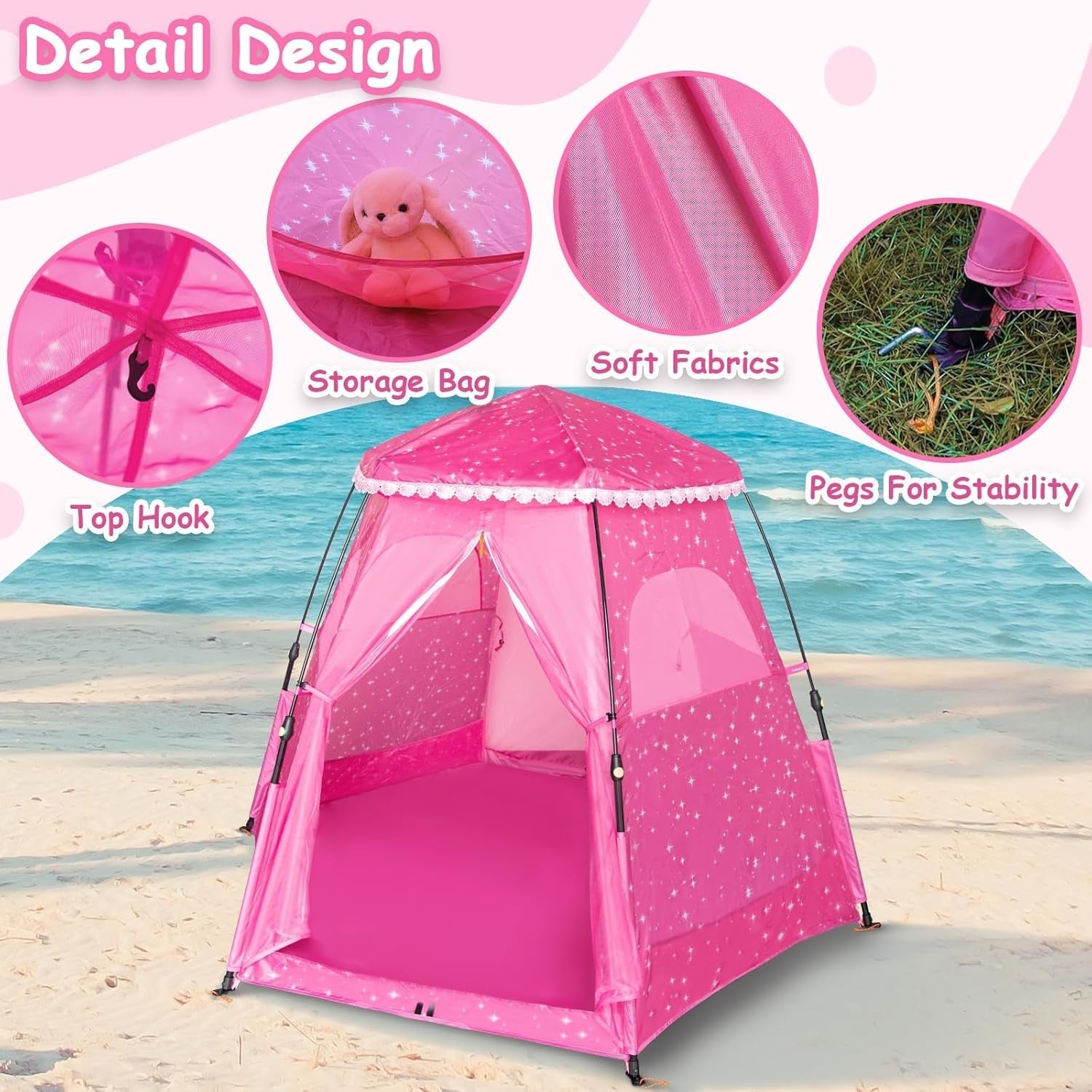 Kids Pop-Up Play Tent: 78"X66" Portable Baby Playpen Large Princess Castle Playhouse for Girls Indoor Outdoor - Toddler Play Yard with Canopy for Beach-4