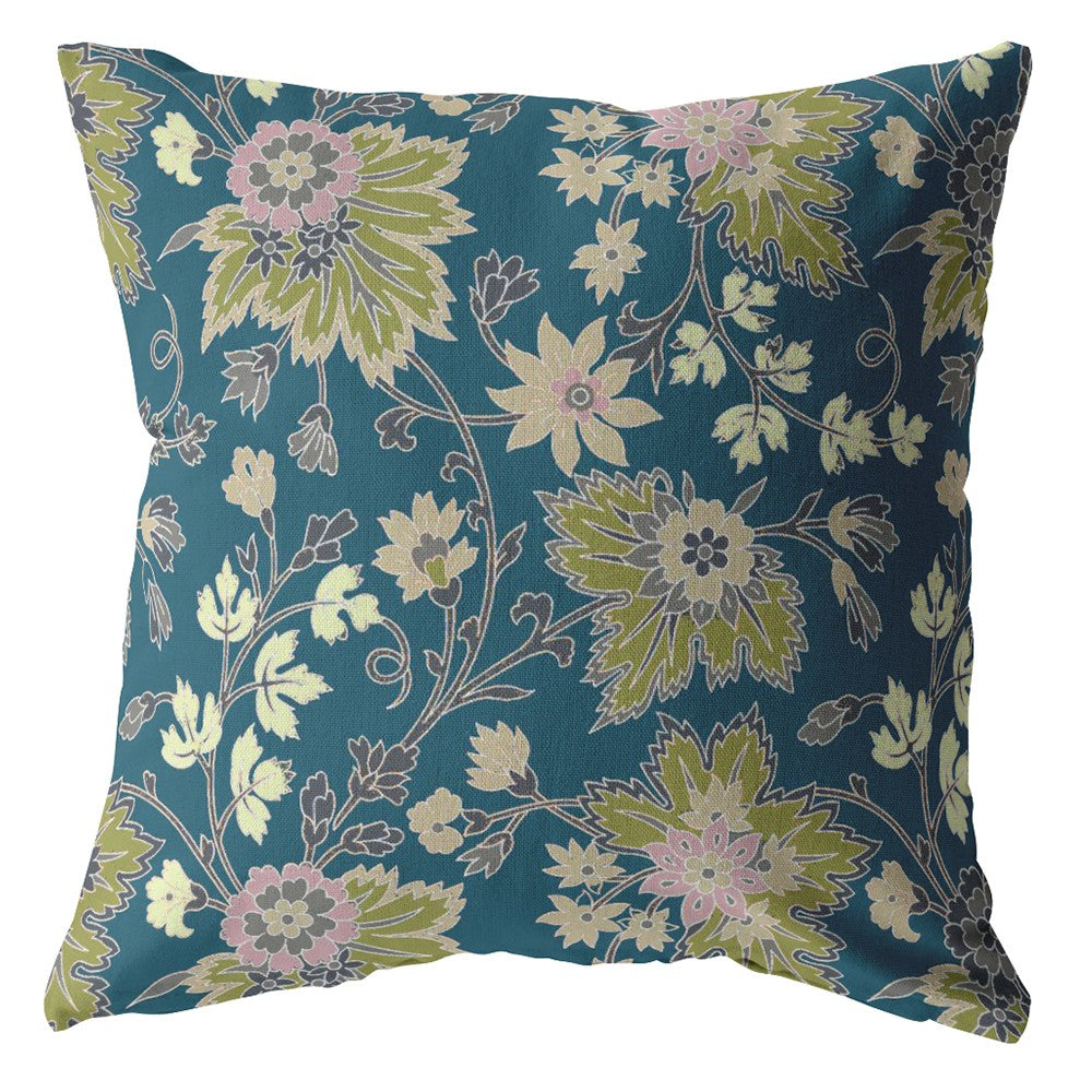 16” Teal Green Jacobean Zippered Suede Throw Pillow-0