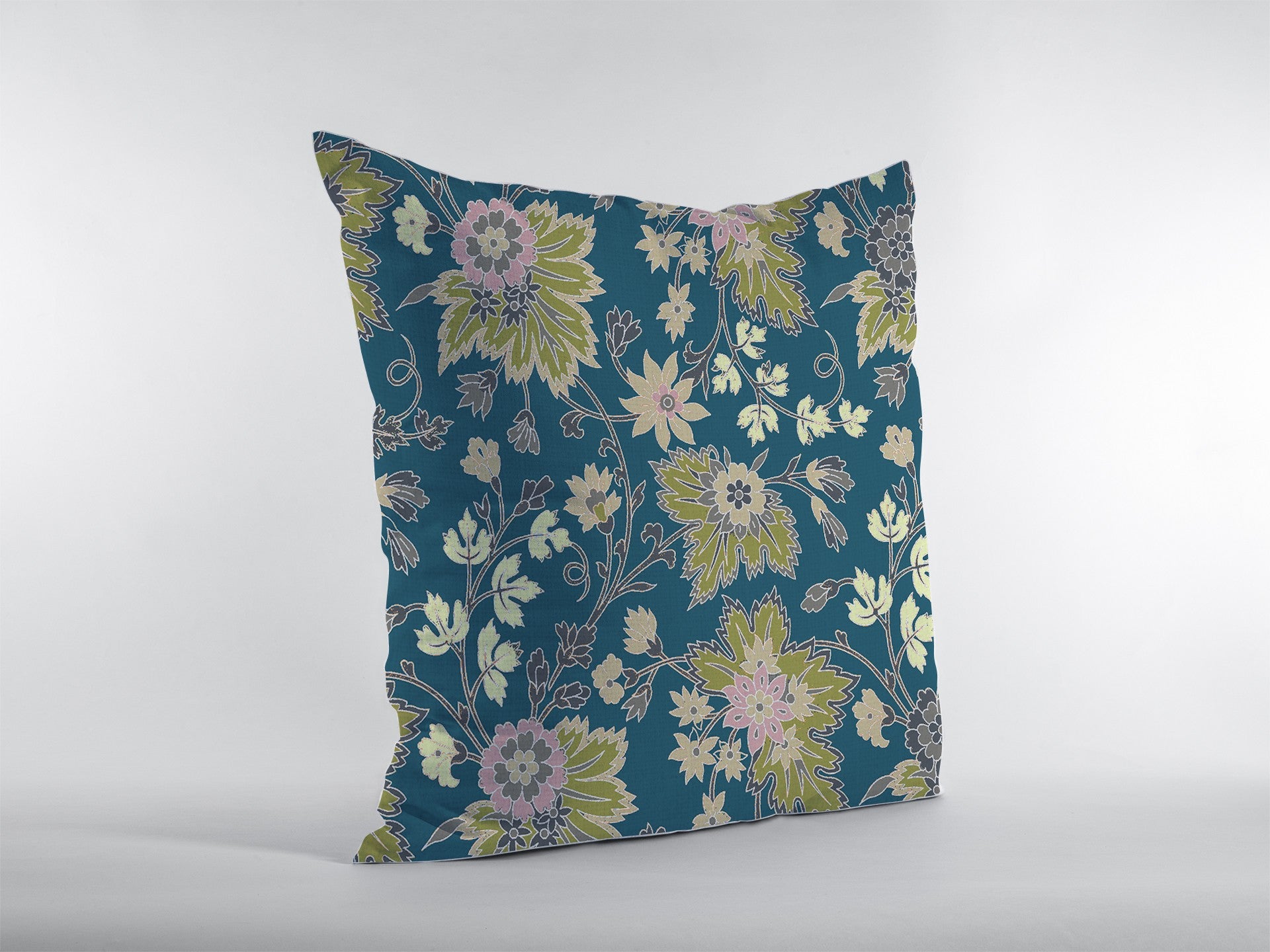 16” Teal Green Jacobean Zippered Suede Throw Pillow-1