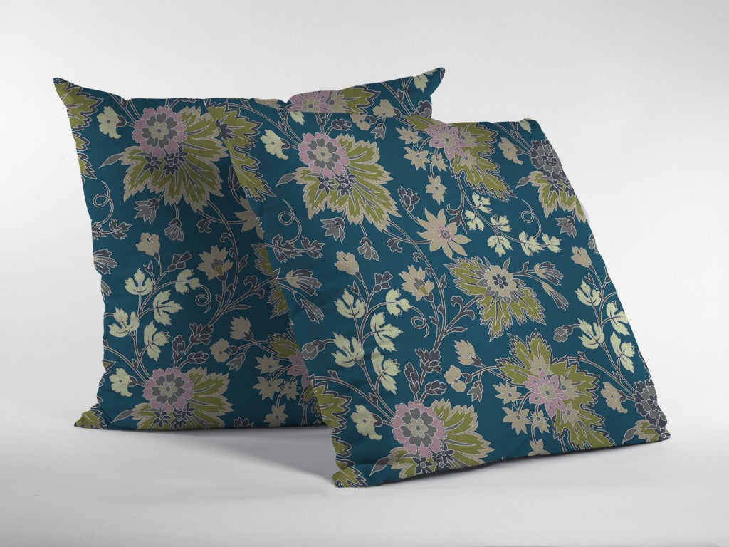 16” Teal Green Jacobean Zippered Suede Throw Pillow-3