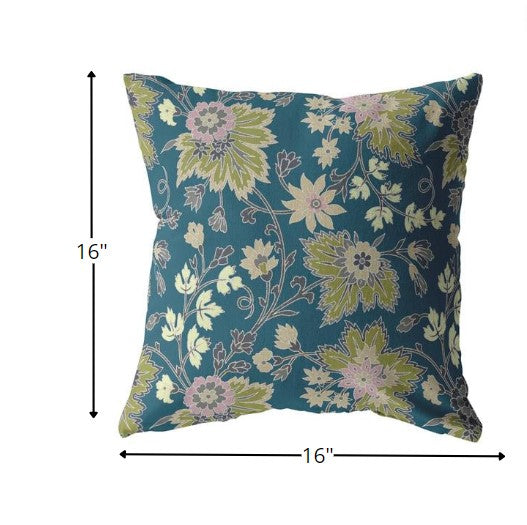 16” Teal Green Jacobean Zippered Suede Throw Pillow-5