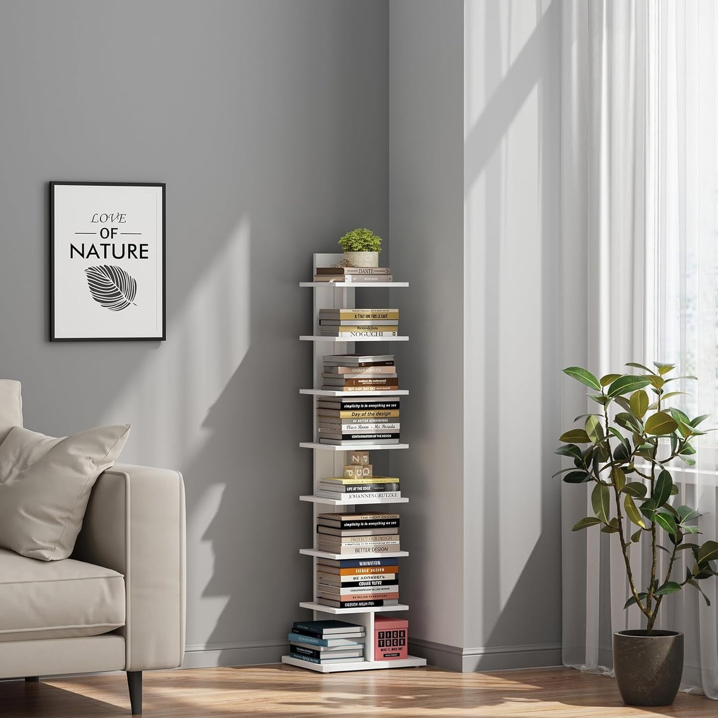 Vertical Bookshelf, 8-Tier Bookcase, Narrow Spine Book Shelf for Small Space, Corner Standing Shelf for Living Room, Office, Study, Entryway, White BS06BW008-4