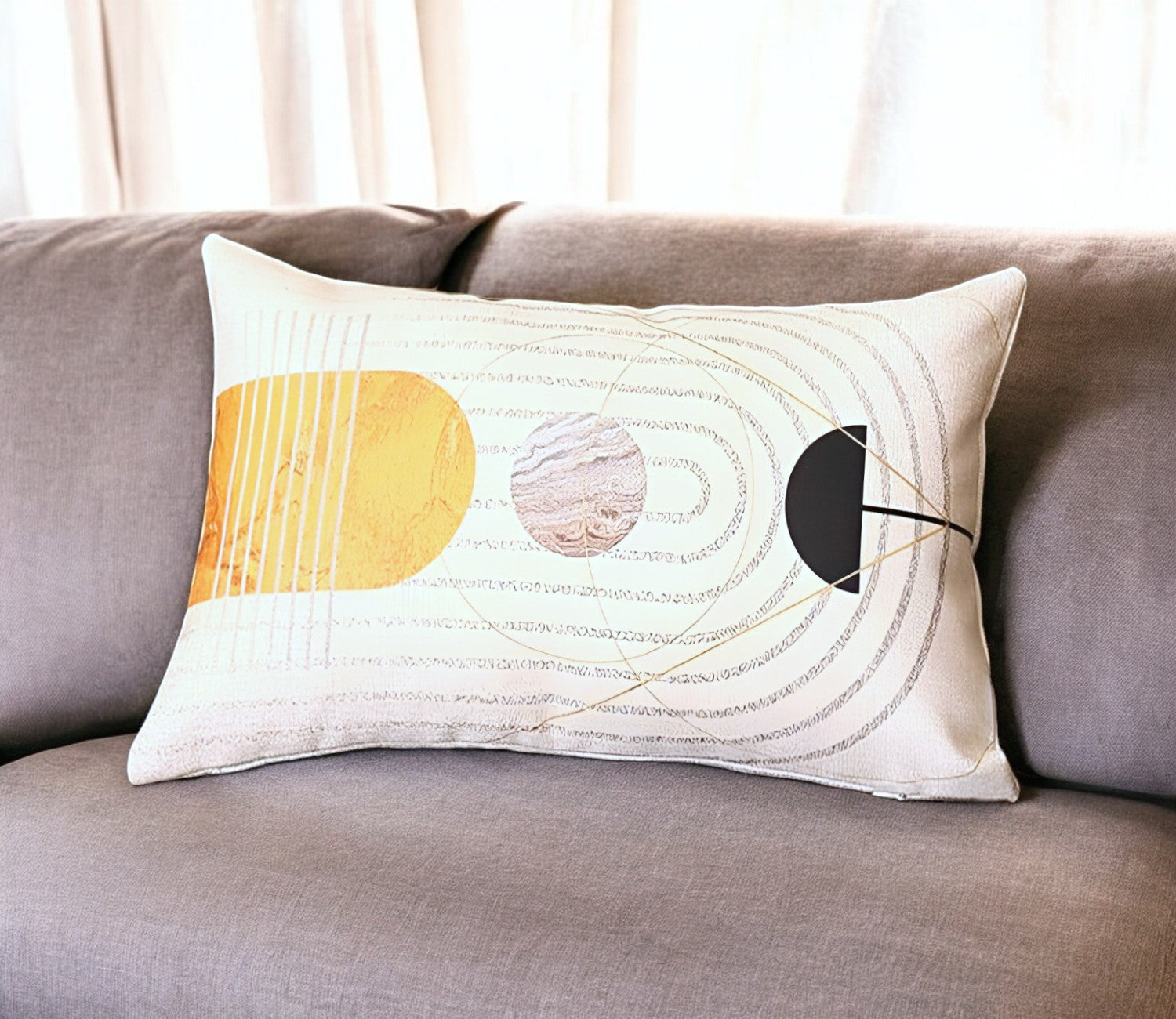 12" X 20" Black And Yellow Abstract Zippered Handmade Polyester Lumbar Pillow Cover-1