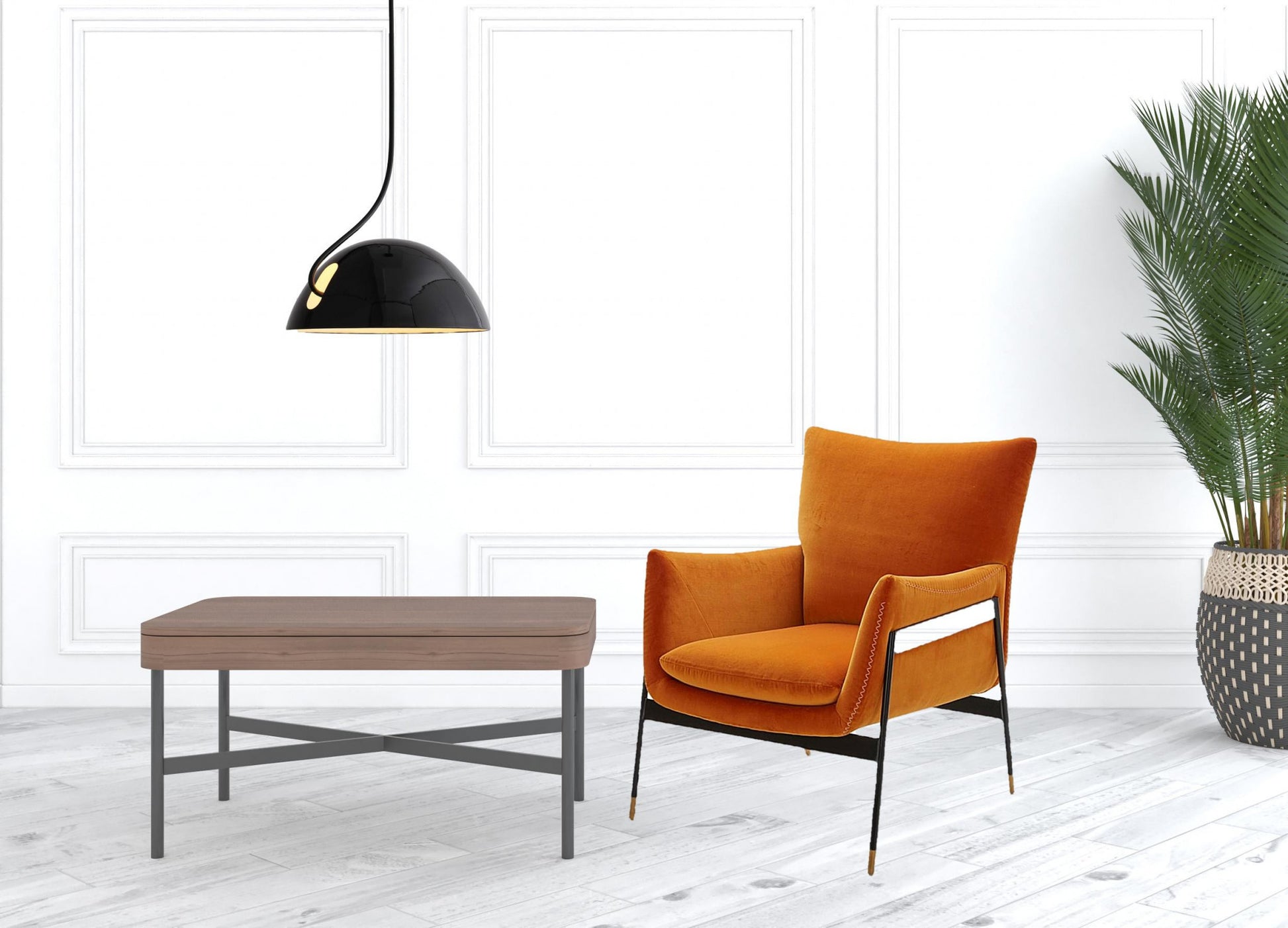 26" Orange And Black Velvet Wingback Chair-2