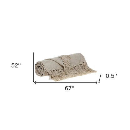 52" X 67" Beige and Black Woven Cotton Striped Throw Blanket with Tassels-7