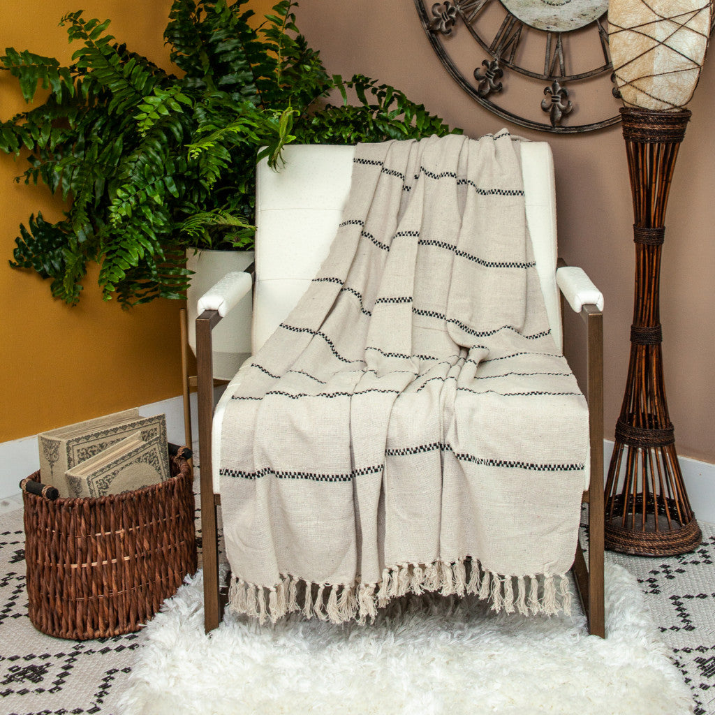 52" X 67" Beige and Black Woven Cotton Striped Throw Blanket with Tassels-6