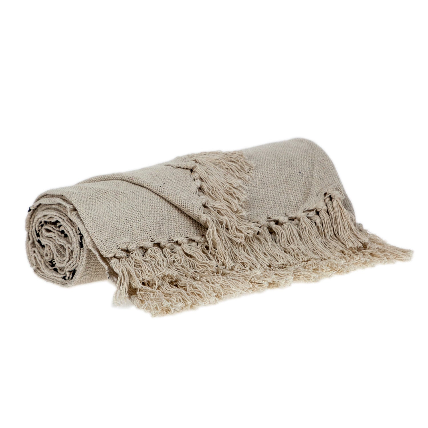 52" X 67" Beige and Black Woven Cotton Striped Throw Blanket with Tassels-2