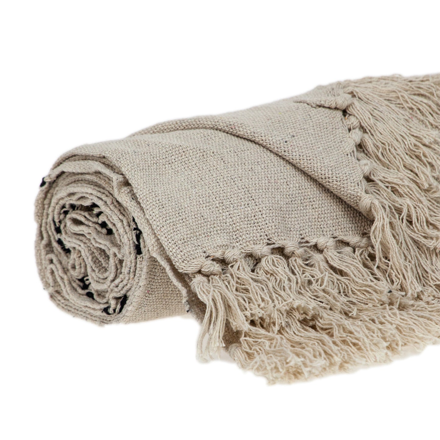 52" X 67" Beige and Black Woven Cotton Striped Throw Blanket with Tassels-3