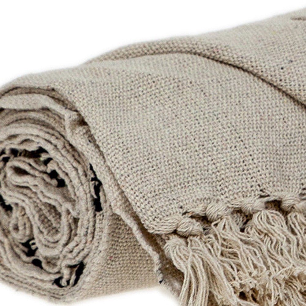 52" X 67" Beige and Black Woven Cotton Striped Throw Blanket with Tassels-4