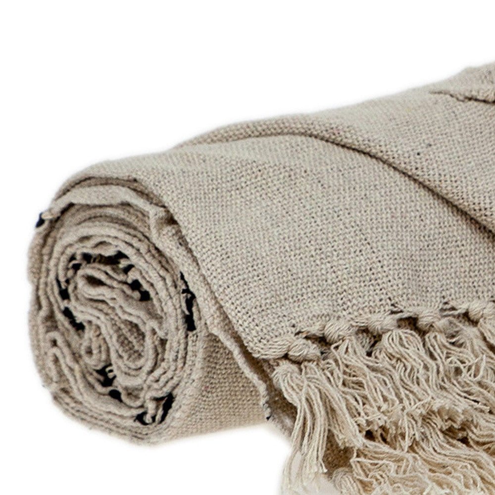 52" X 67" Beige and Black Woven Cotton Striped Throw Blanket with Tassels-5
