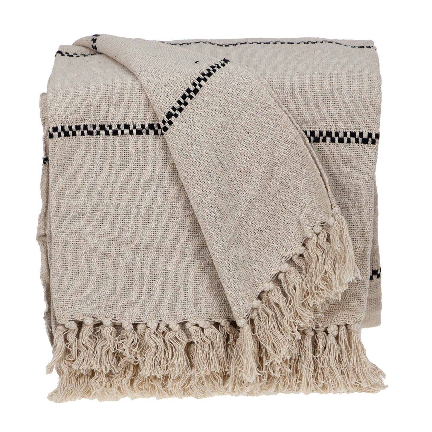 52" X 67" Beige and Black Woven Cotton Striped Throw Blanket with Tassels-1