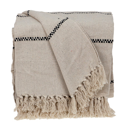 52" X 67" Beige and Black Woven Cotton Striped Throw Blanket with Tassels-1