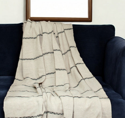 52" X 67" Beige and Black Woven Cotton Striped Throw Blanket with Tassels-0
