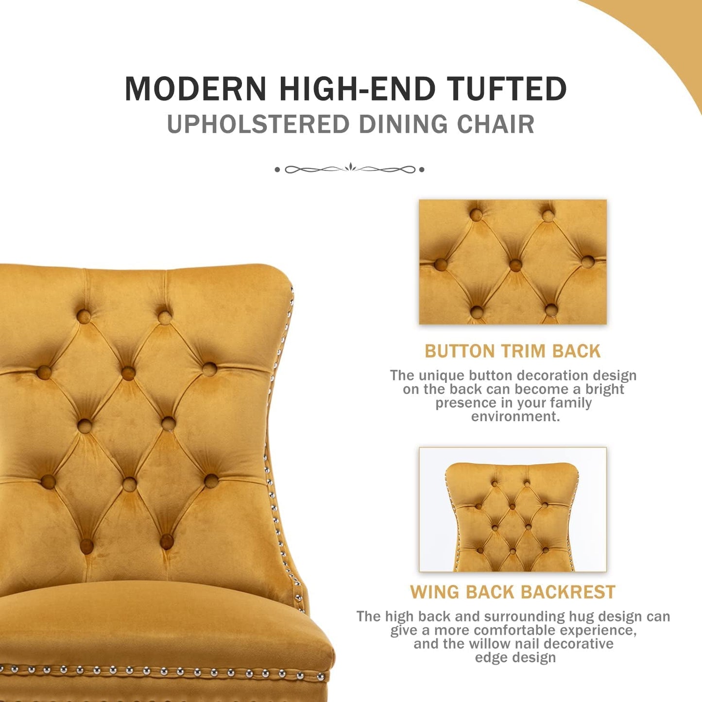 Gold Velvet Dining Room Chairs, Tufted, Ring Pull Trim-1