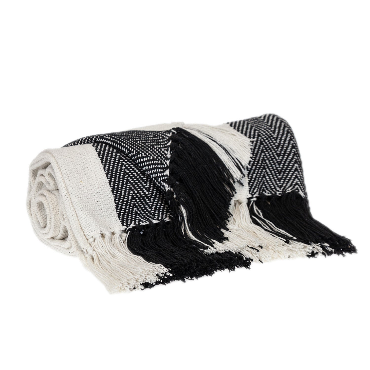 Black and White Woven Cotton Striped Throw Blanket-2