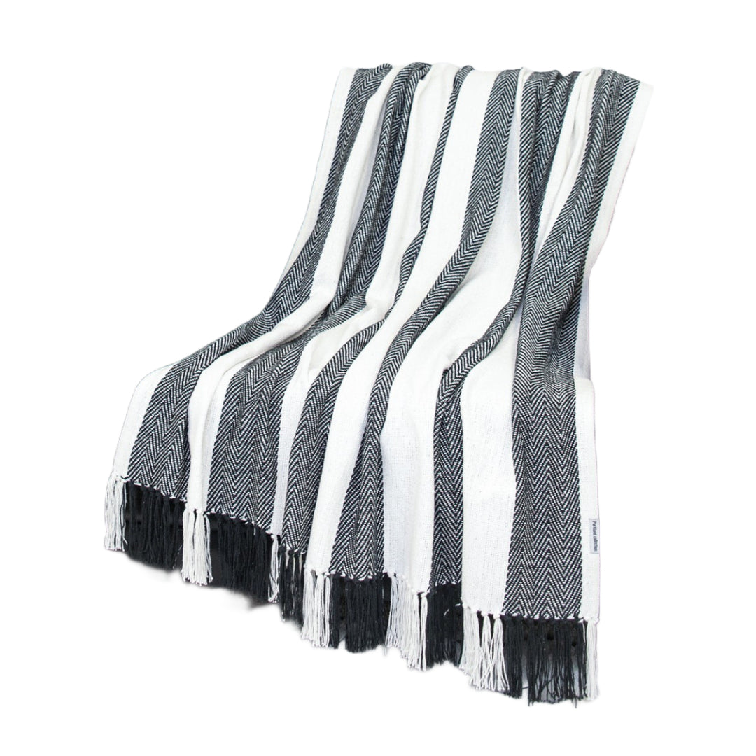 Black and White Woven Cotton Striped Throw Blanket-3