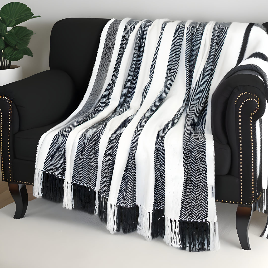 Black and White Woven Cotton Striped Throw Blanket-1
