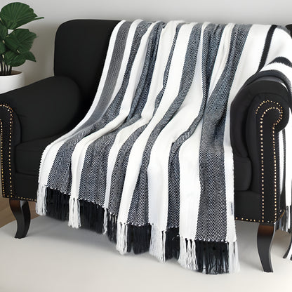 Black and White Woven Cotton Striped Throw Blanket-1