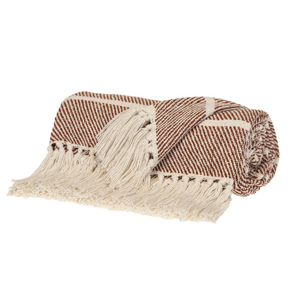 Burnt Orange Woven Cotton Striped Throw Blanket-2