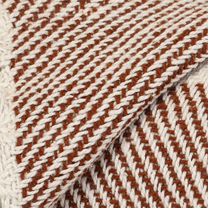 Burnt Orange Woven Cotton Striped Throw Blanket-5