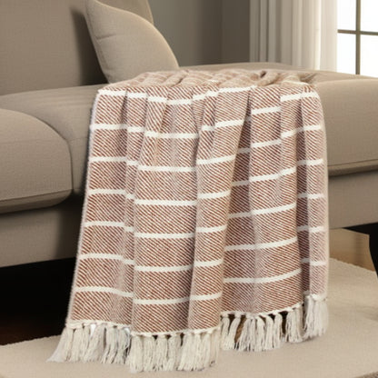 Burnt Orange Woven Cotton Striped Throw Blanket-1
