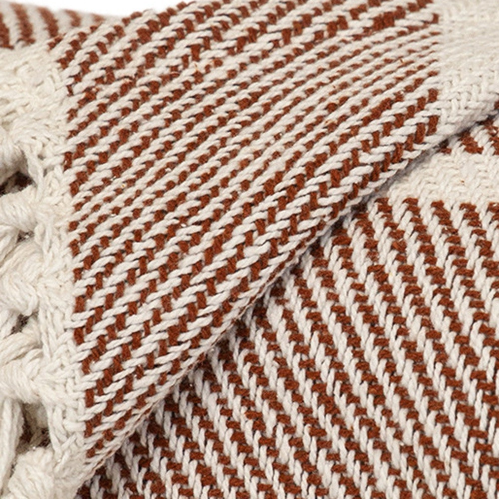 Burnt Orange Woven Cotton Striped Throw Blanket-6