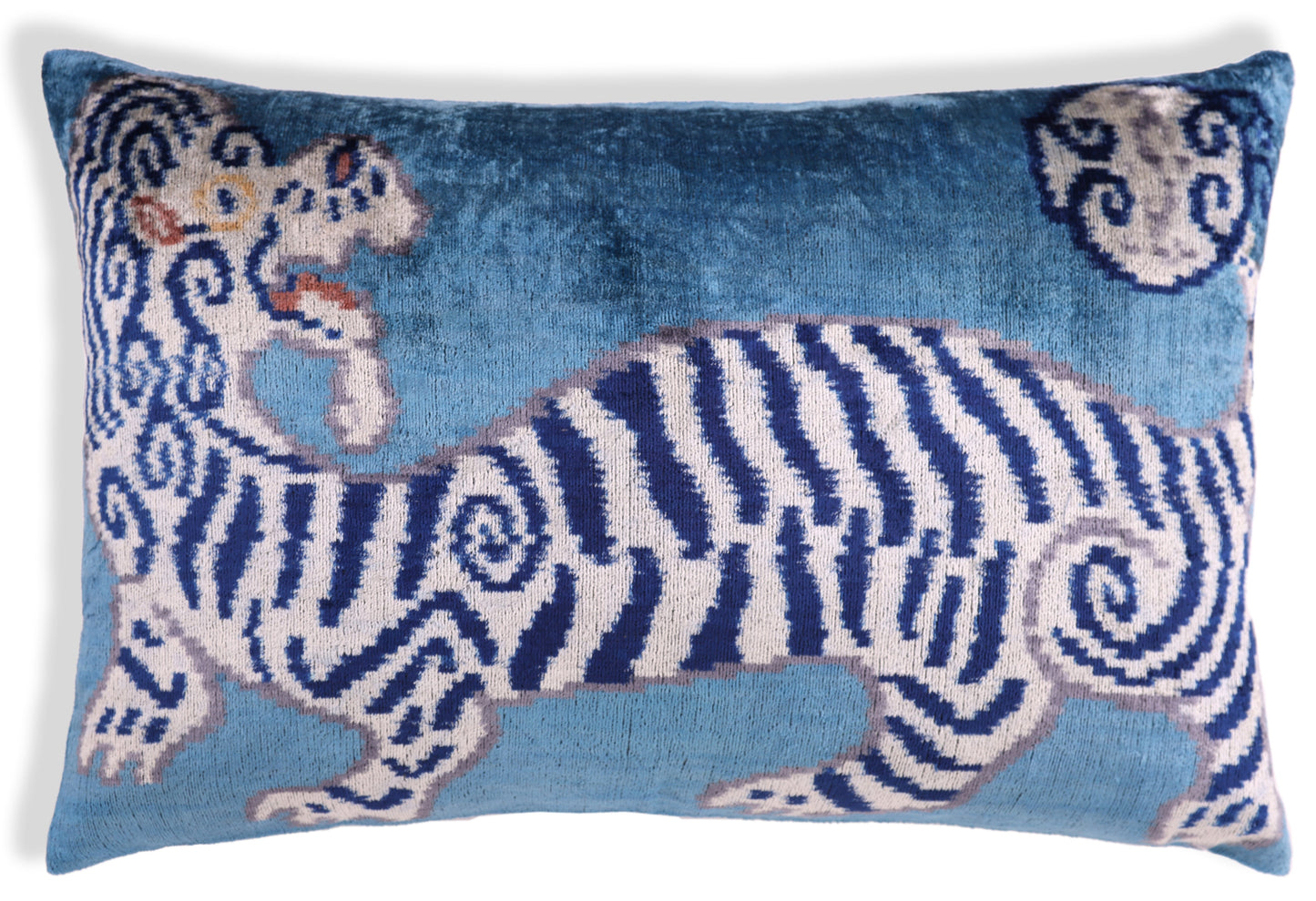 Handmade Blue Velvet Tiger Pillow – 16x24" Silk Accent Cushion-0