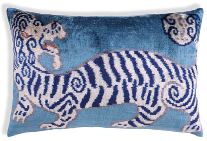 Handmade Blue Velvet Tiger Pillow – 16x24" Silk Accent Cushion-0