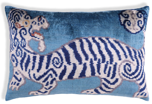 Handmade Blue Velvet Tiger Pillow – 16x24" Silk Accent Cushion-0