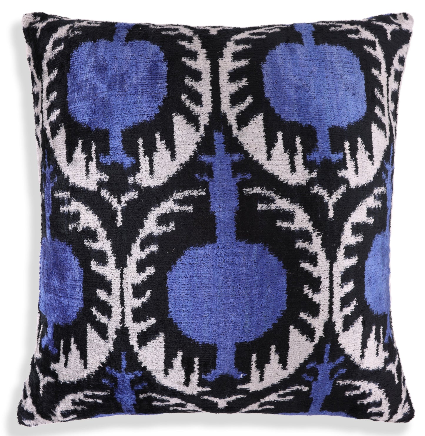 Handmade Ikat Velvet Pillow – 20x20" Blue & Black Silk Cushion-4