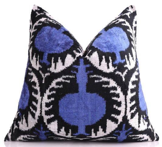 Handmade Ikat Velvet Pillow – 20x20" Blue & Black Silk Cushion-0