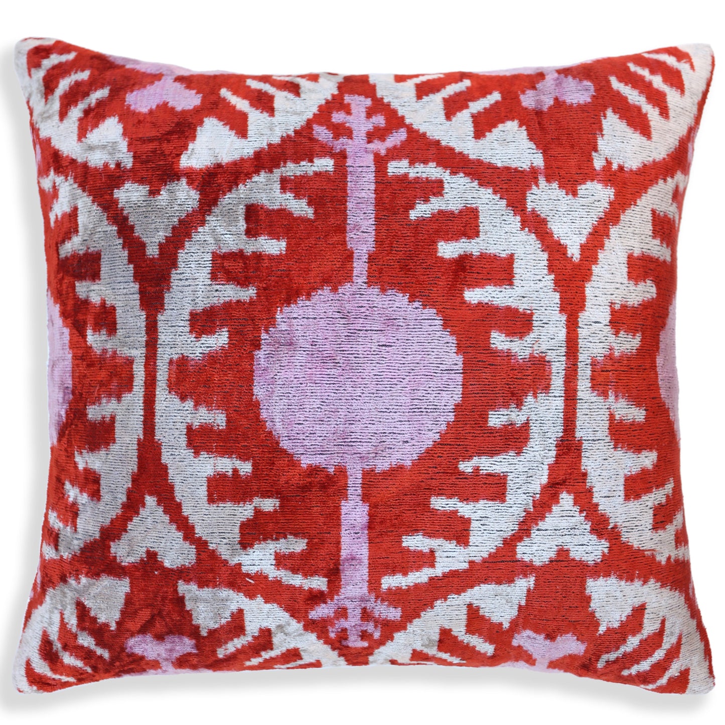 Handmade Red & Lilac Ikat Velvet Pillow – 16x16 Silk Cushion-3