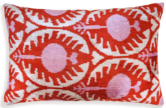 Red & Pink Ikat Velvet Pillow – Handmade 16x24 Lumbar Cushion-0