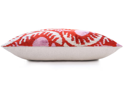 Red & Pink Ikat Velvet Pillow – Handmade 16x24 Lumbar Cushion-2