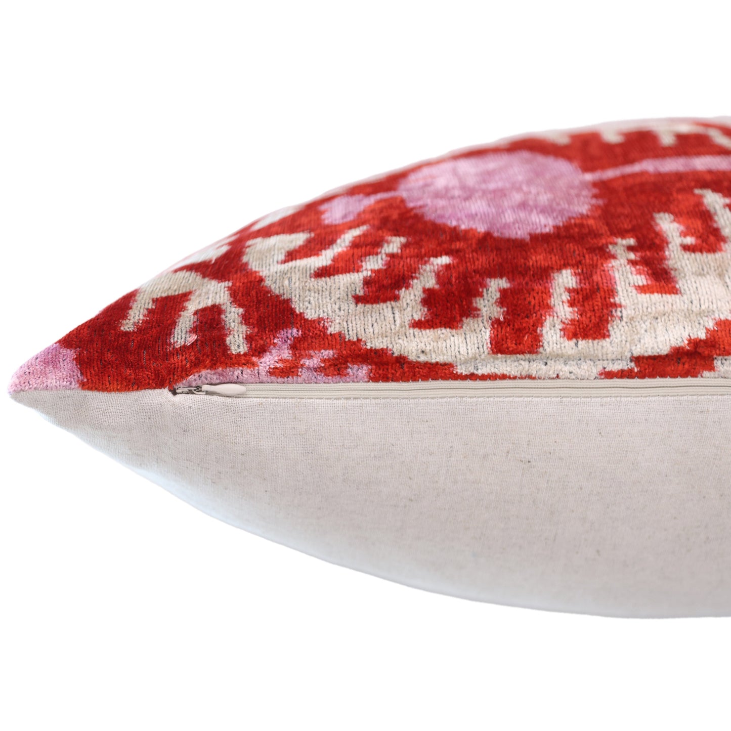 Handmade Red & Lilac Ikat Velvet Pillow – 16x16 Silk Cushion-4