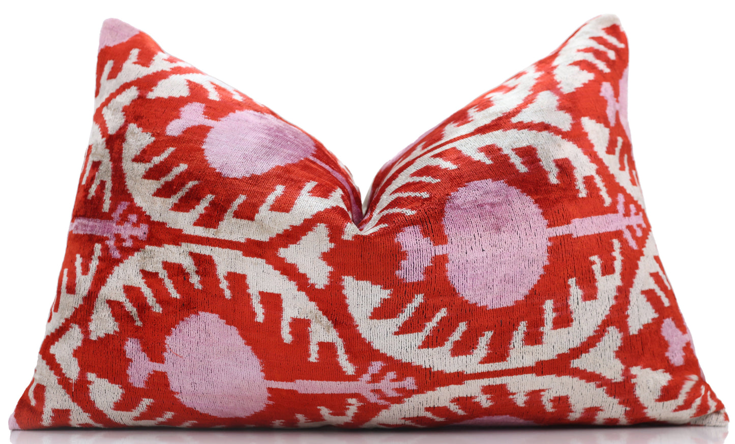 Red & Pink Ikat Velvet Pillow – Handmade 16x24 Lumbar Cushion-4