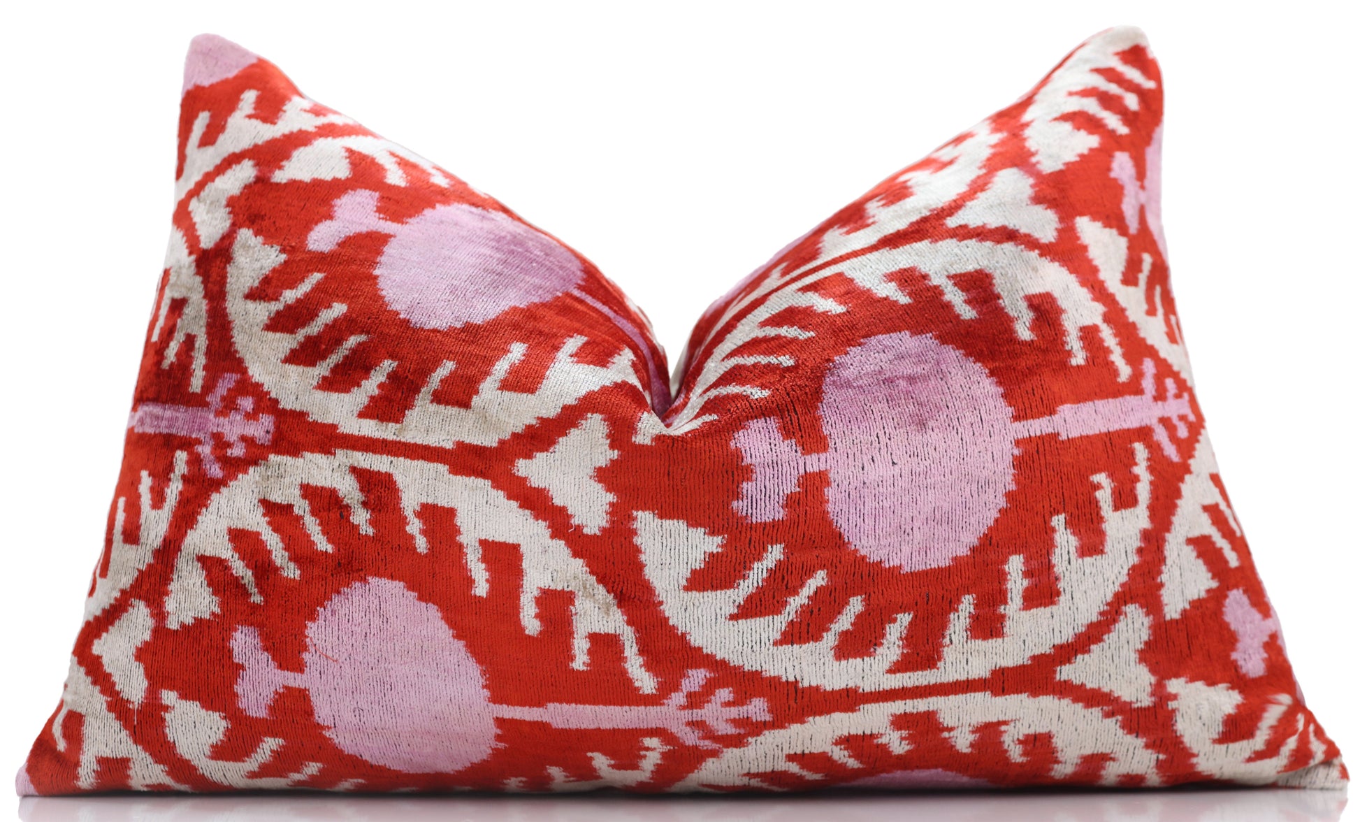 Red & Pink Ikat Velvet Pillow – Handmade 16x24 Lumbar Cushion-4