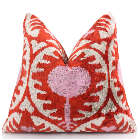 Handmade Red & Lilac Ikat Velvet Pillow – 16x16 Silk Cushion-0