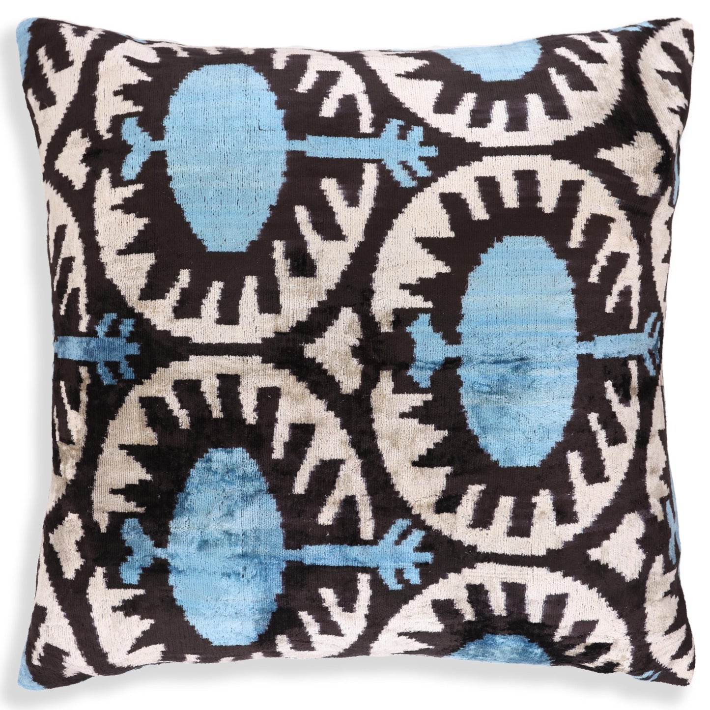Blue Black Geometric Silk Velvet Pillow – 20x20 Handmade Ikat Throw Cushion-4