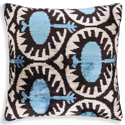 Blue Black Geometric Silk Velvet Pillow – 20x20 Handmade Ikat Throw Cushion-4