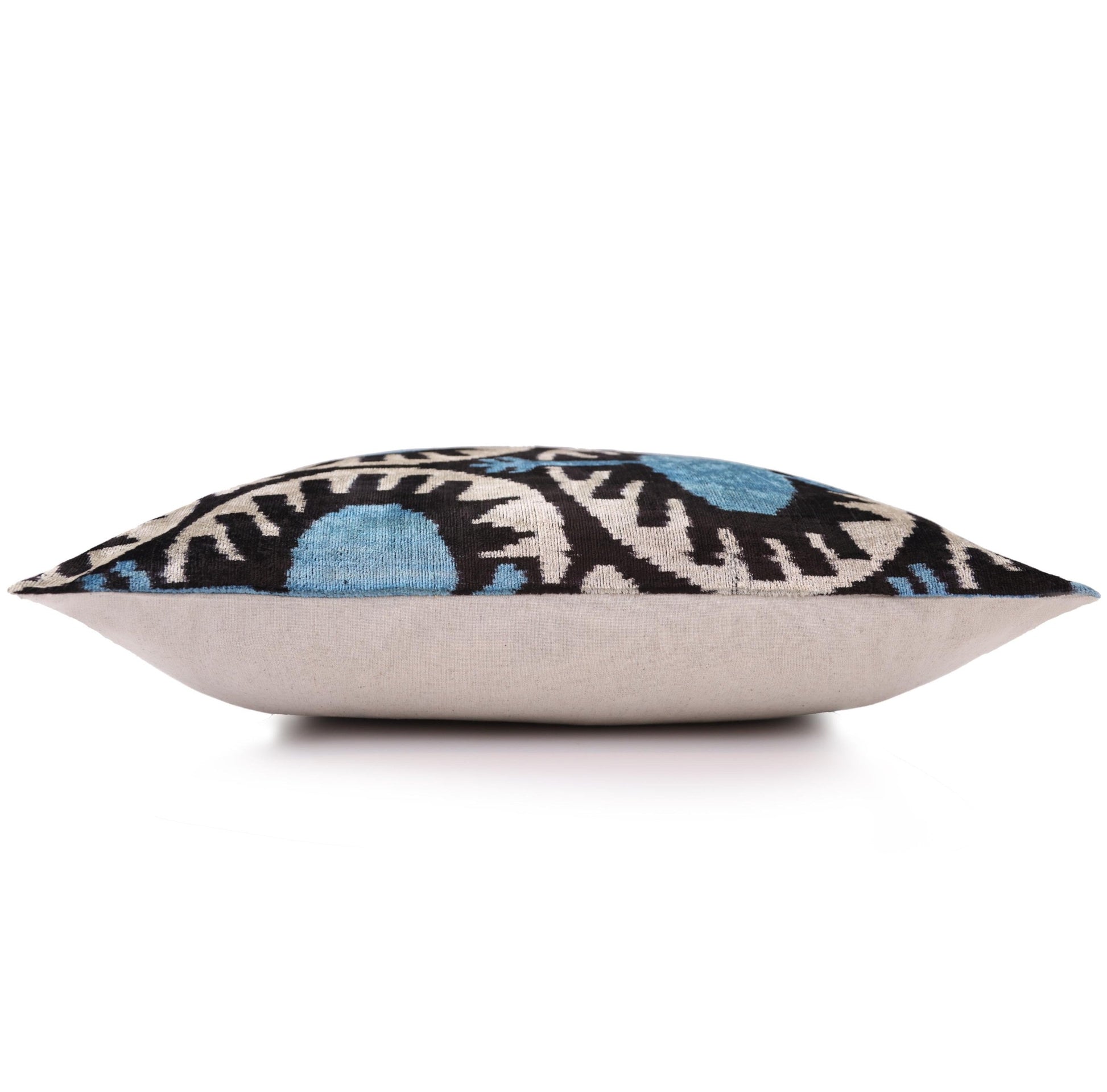 Blue Black Geometric Silk Velvet Pillow – 20x20 Handmade Ikat Throw Cushion-3
