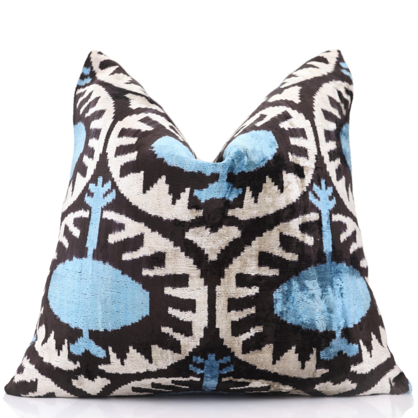 Blue Black Geometric Silk Velvet Pillow – 20x20 Handmade Ikat Throw Cushion-0