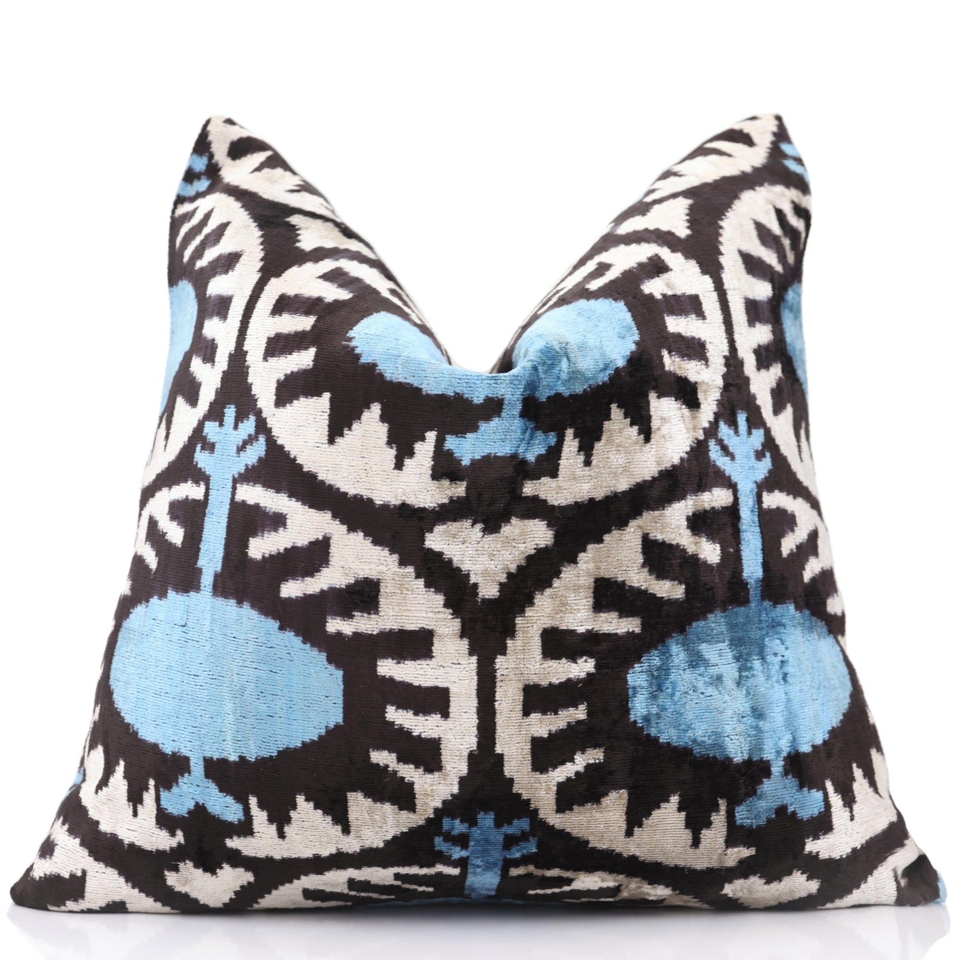 Blue Black Geometric Silk Velvet Pillow – 20x20 Handmade Ikat Throw Cushion-0