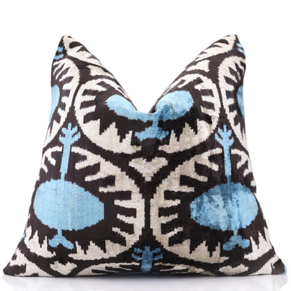 Blue Black Geometric Silk Velvet Pillow – 20x20 Handmade Ikat Throw Cushion-0