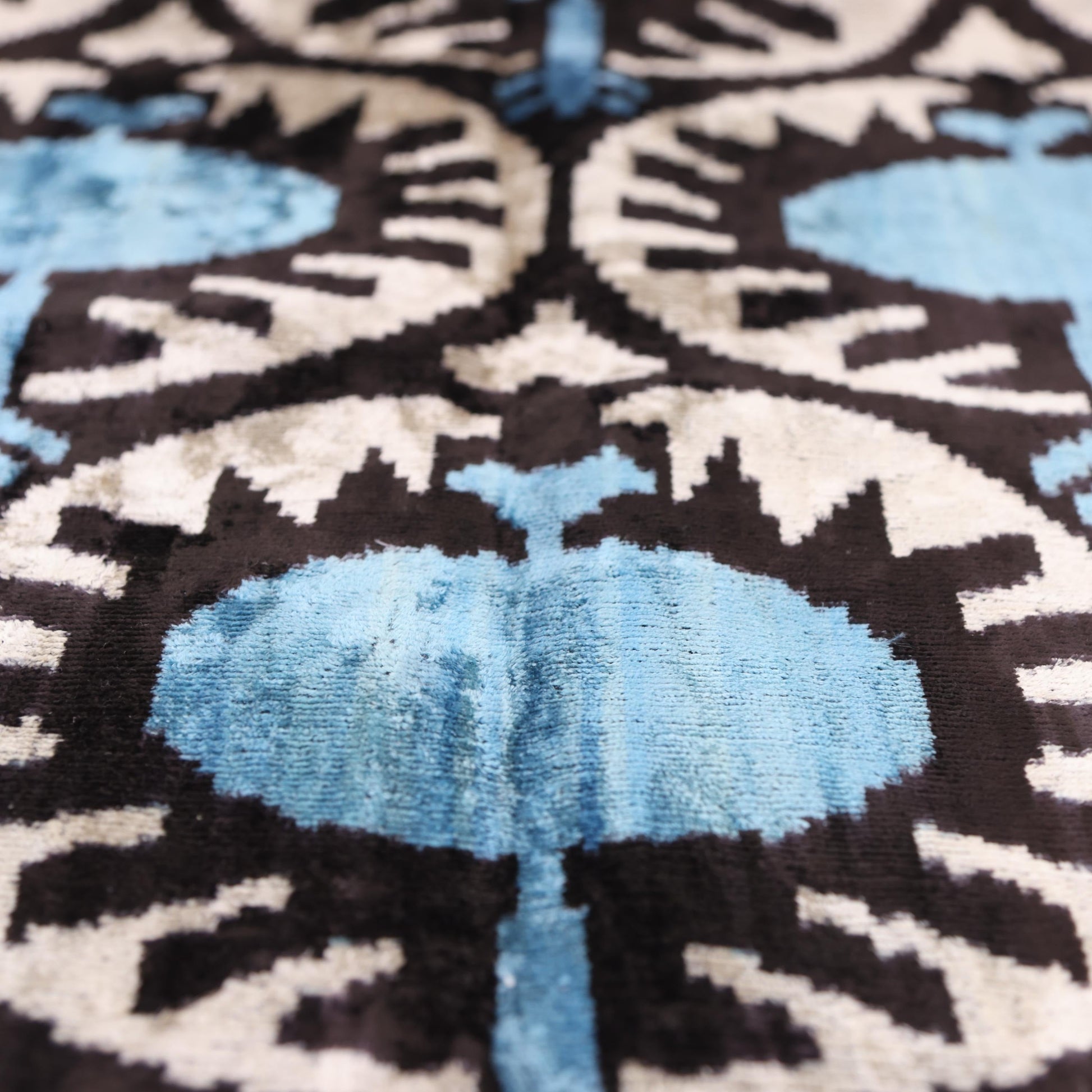 Blue Black Geometric Silk Velvet Pillow – 20x20 Handmade Ikat Throw Cushion-2