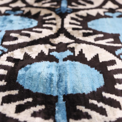 Blue Black Geometric Silk Velvet Pillow – 20x20 Handmade Ikat Throw Cushion-2