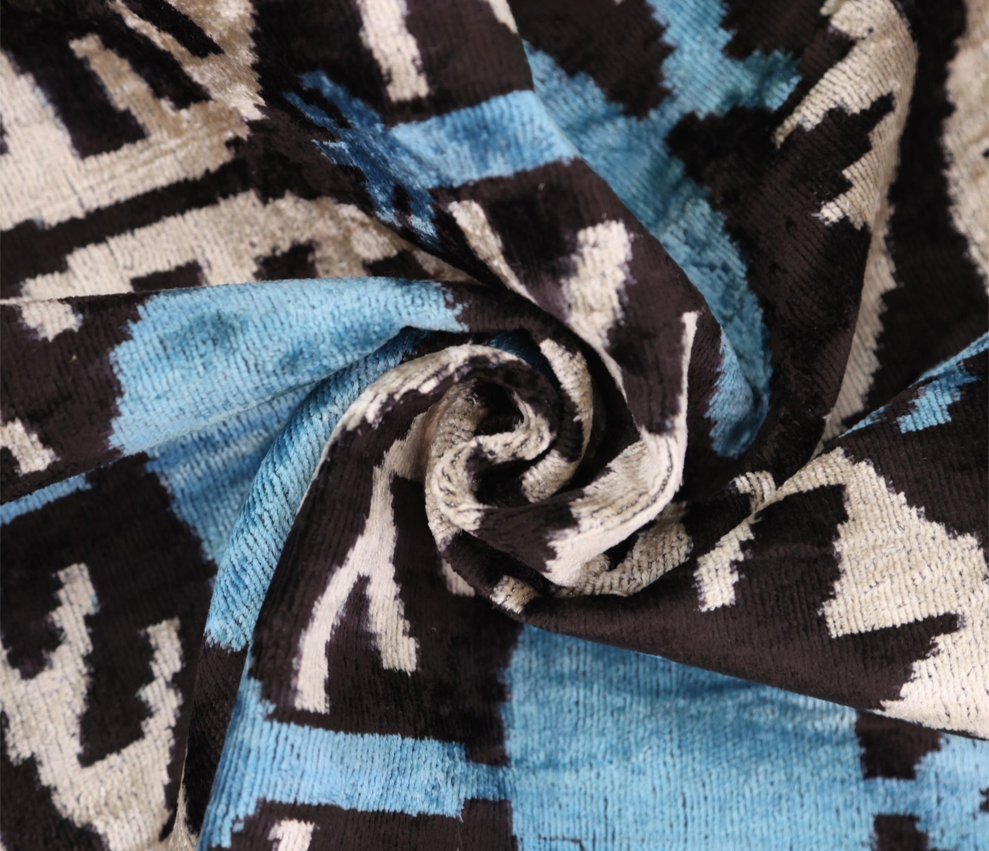 Blue Black Geometric Silk Velvet Pillow – 20x20 Handmade Ikat Throw Cushion-1
