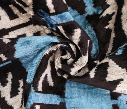 Blue Black Geometric Silk Velvet Pillow – 20x20 Handmade Ikat Throw Cushion-1