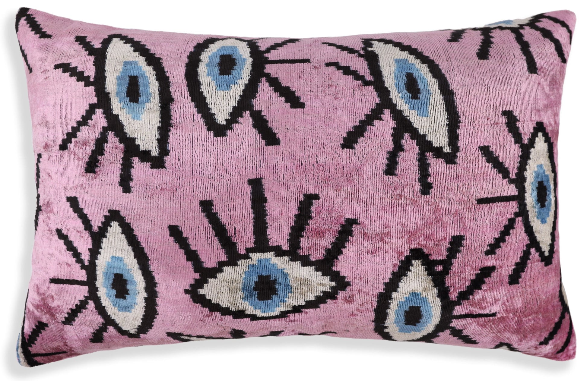 Luxury Pink Evil Eye Velvet Pillow 16x24 – Handmade Silk Lumbar Cushion with Bohemian Charm-4