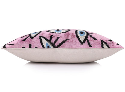Luxury Pink Evil Eye Velvet Pillow 16x24 – Handmade Silk Lumbar Cushion with Bohemian Charm-2